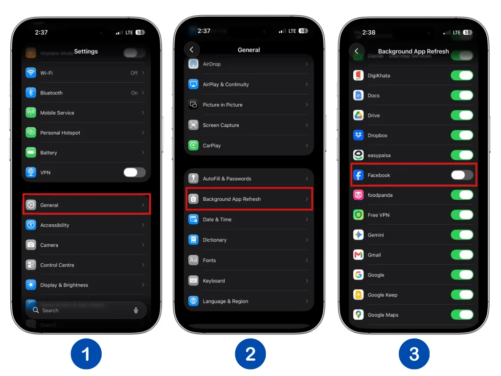 iPhone Background App Refresh settings for managing which apps refresh in the background
