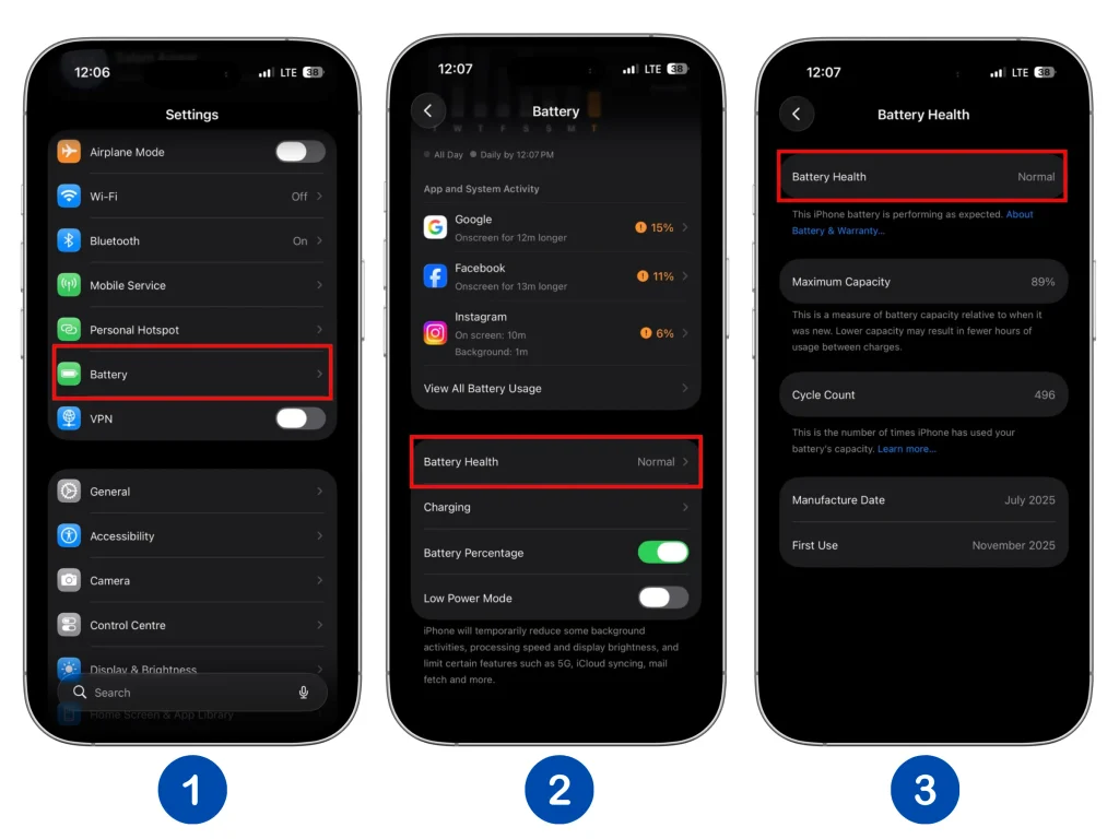 iPhone Battery Health screen showing maximum capacity and battery condition