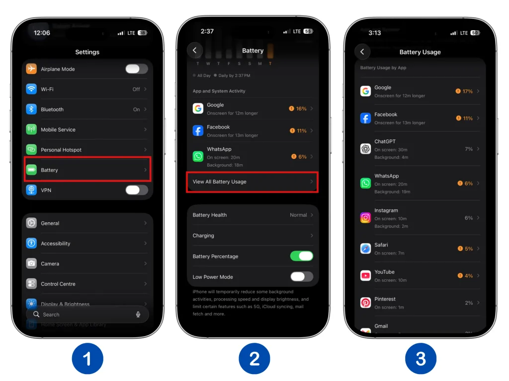 iPhone Battery Draining Overnight: Detailed iPhone battery usage showing app and system activity