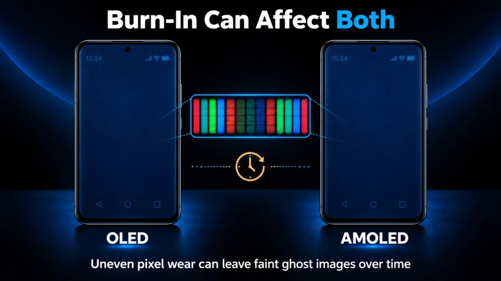 OLED and AMOLED screens showing faint burn-in caused by uneven pixel wear over time