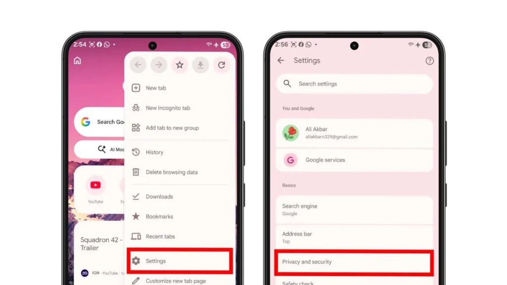 Open Chrome Settings and select Privacy and security to find browsing-data controls