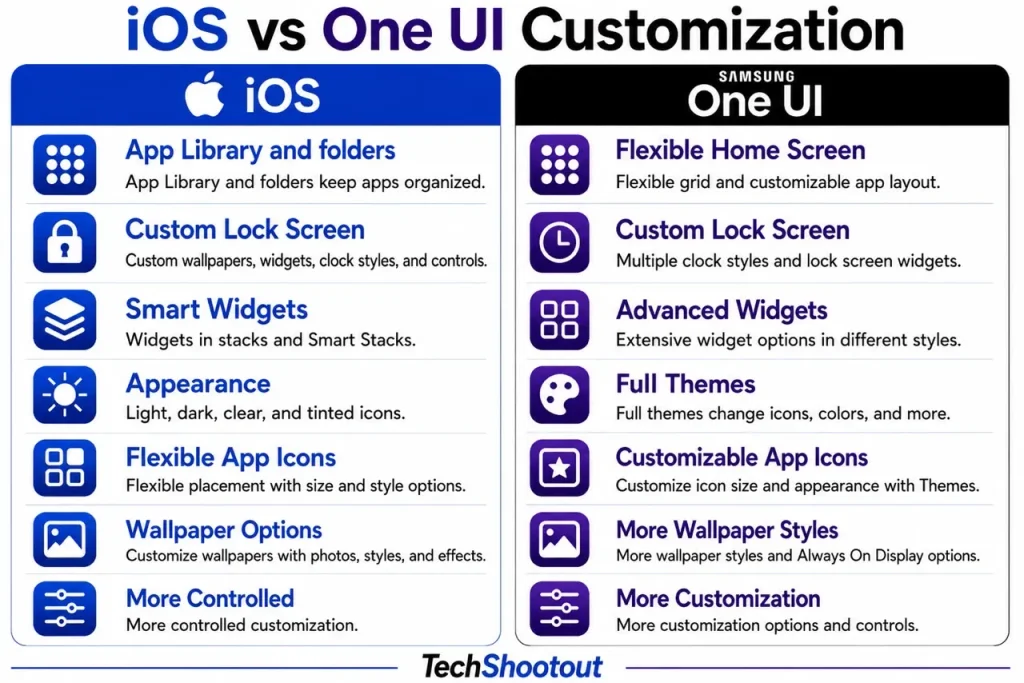 Infographic of iOS vs One UI Customization