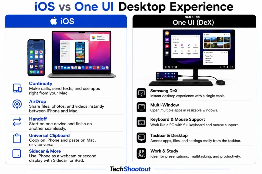 Infographic of iOS vs One UI Desktop Experience