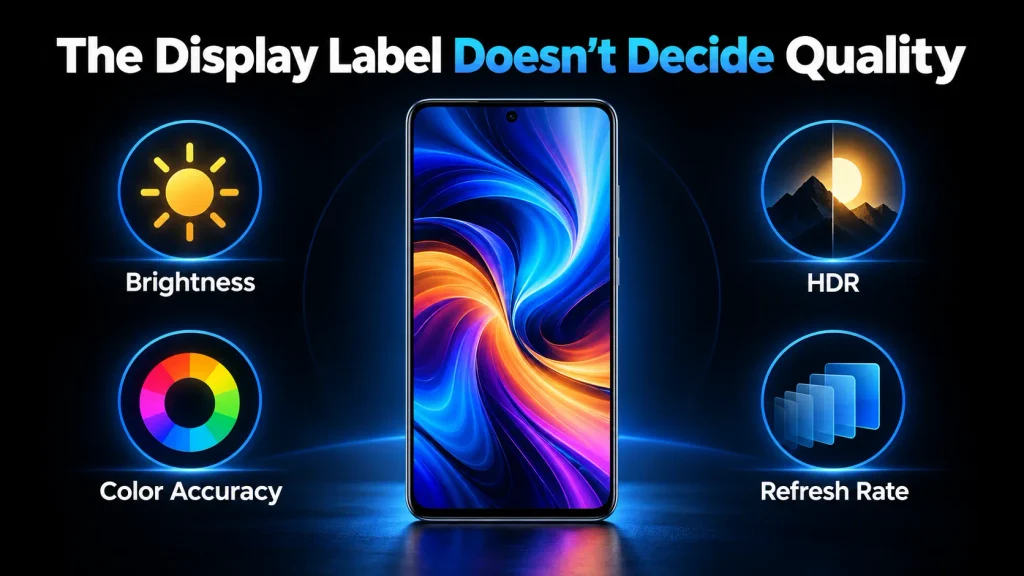 Phone display with brightness, color accuracy, HDR and refresh rate quality factors