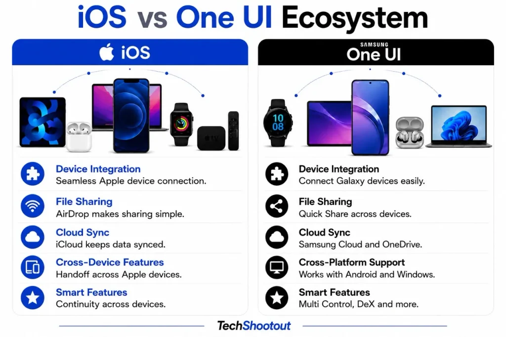 Infographic of iOS vs One UI Ecosystem