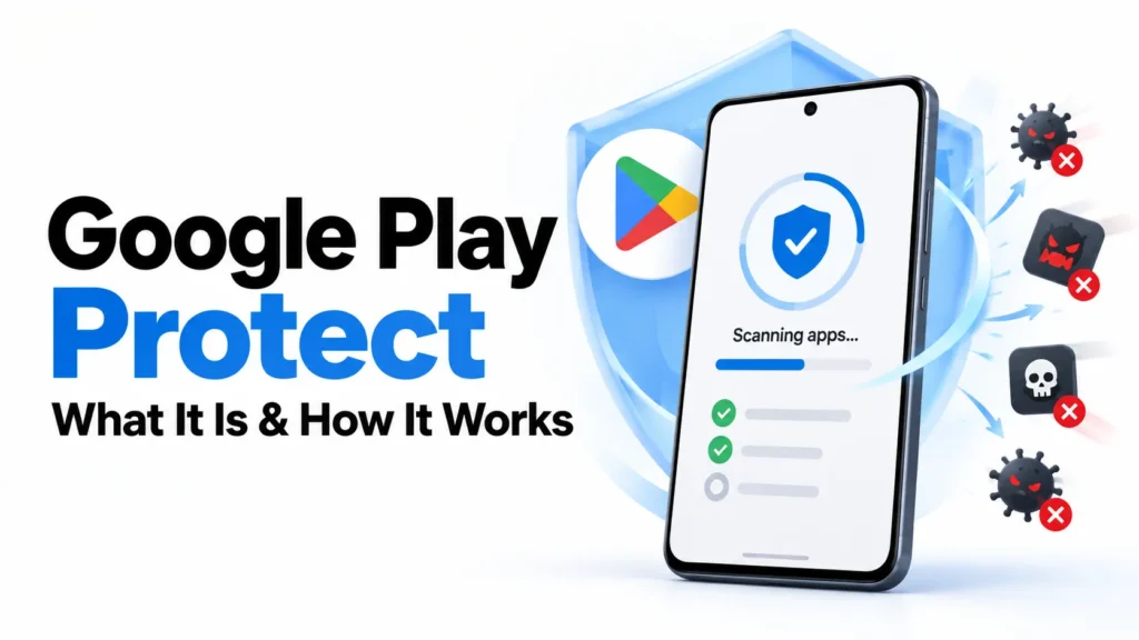 Google Play Protect scanning Android apps for malware, with a security shield and blocked threat icons