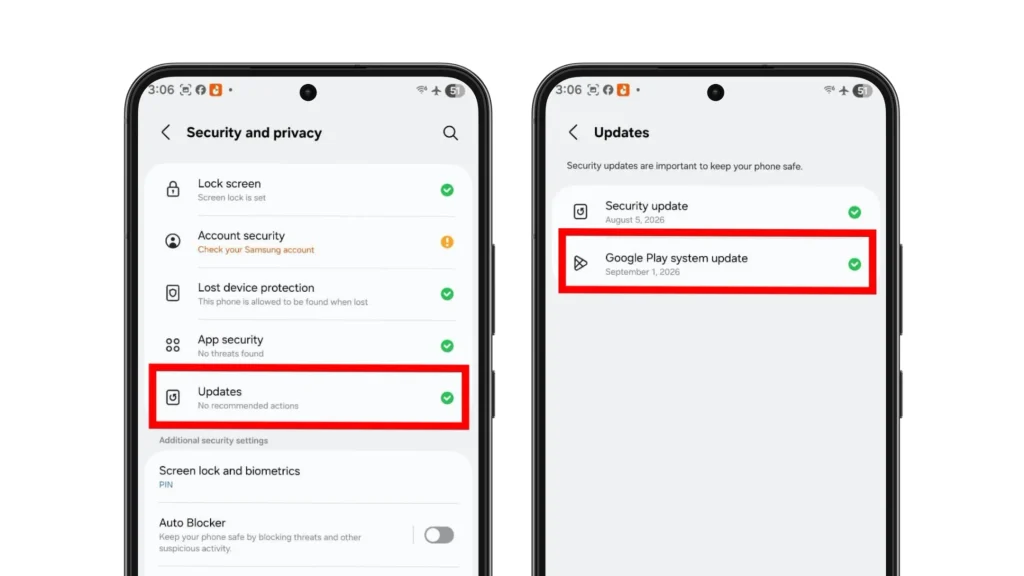 Samsung Security and privacy settings showing where to check for Google Play system updates