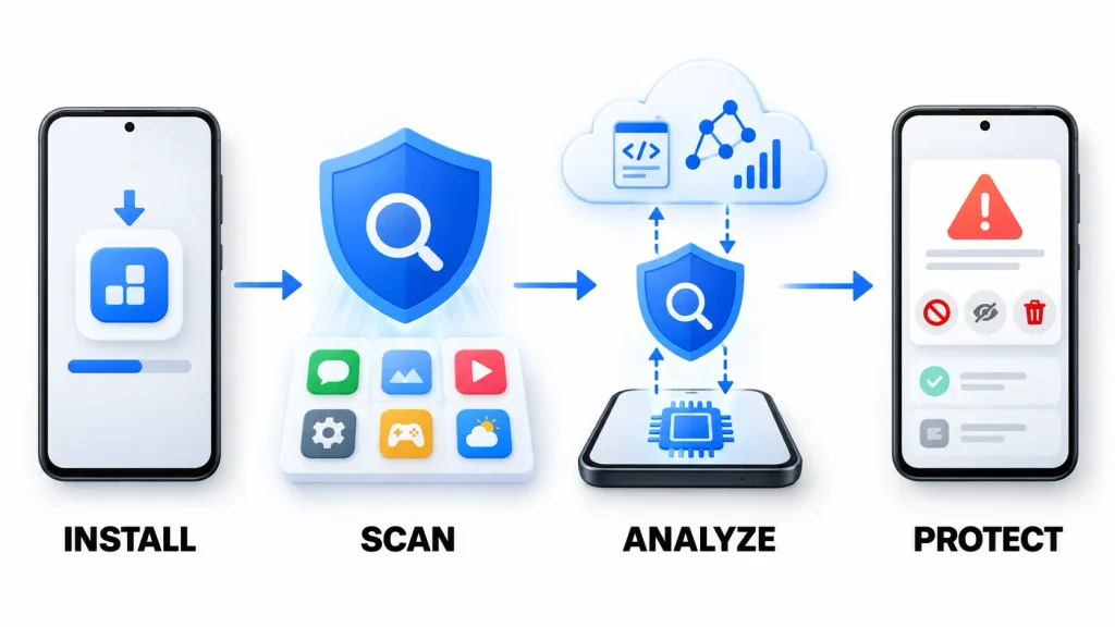 Illustration of Google Play Protect scanning and analyzing Android apps to identify potential threats