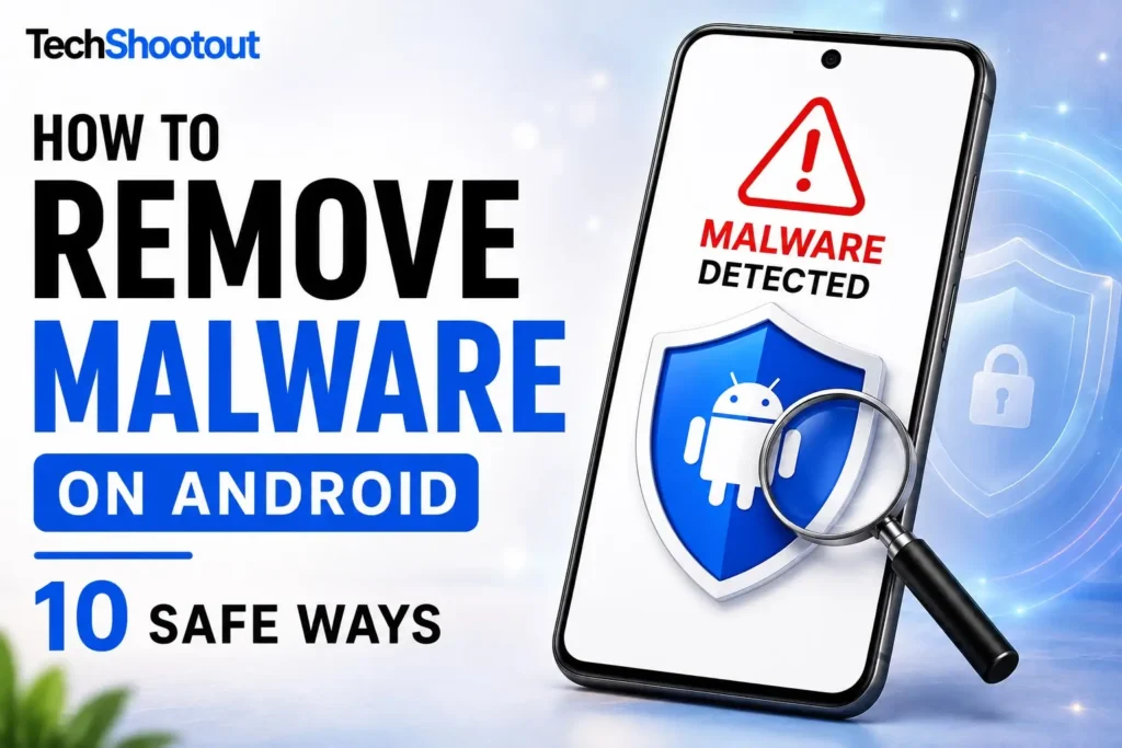 Android phone displaying a malware warning with security icons illustrating how to remove malware from Android using safe troubleshooting methods.