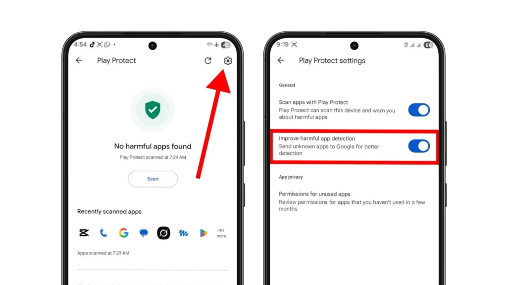Google Play Protect settings showing the Improve harmful app detection option enabled