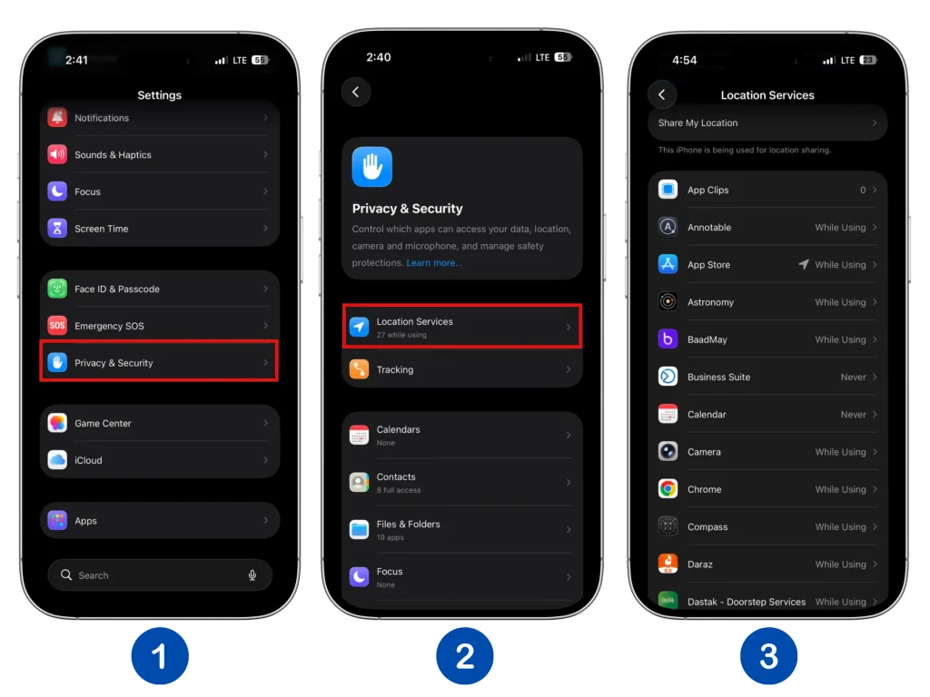 iPhone Location Services settings showing location permissions for apps