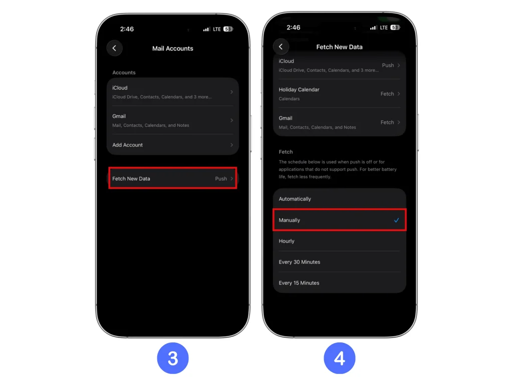 iPhone Mail Fetch New Data settings showing email retrieval options