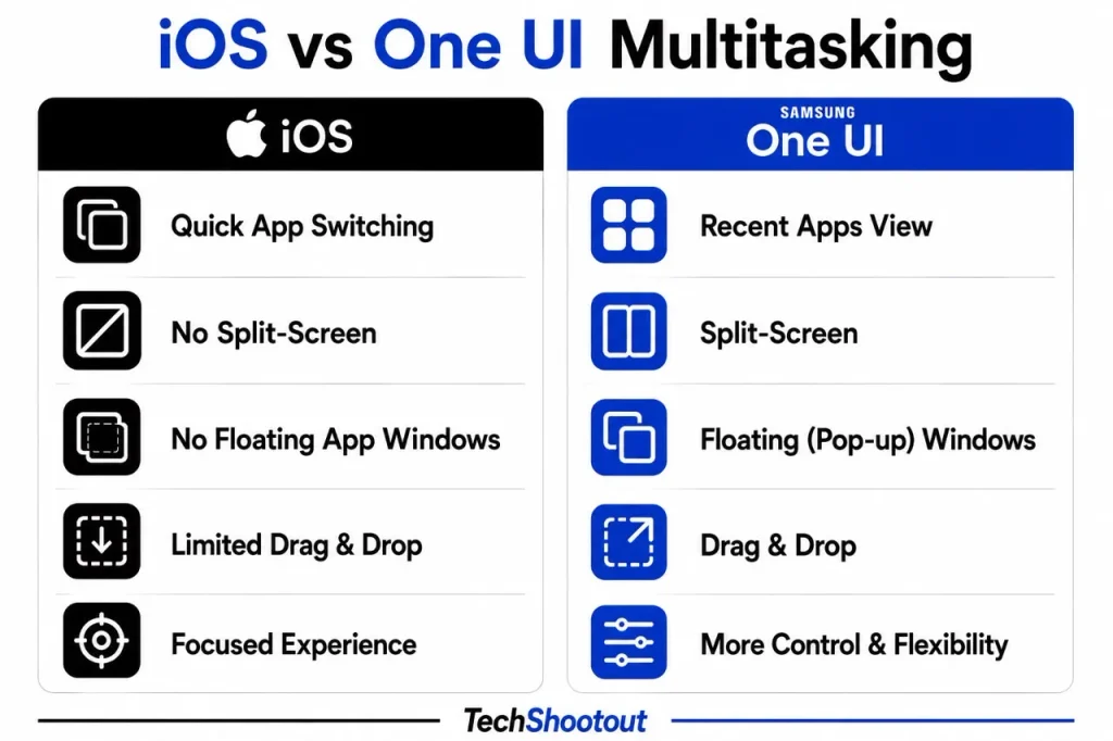 Infographic of iOS vs One UI Multitasking