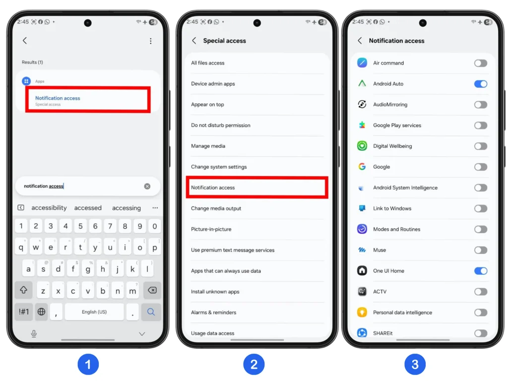 Samsung Notification access settings showing which apps have access enabled