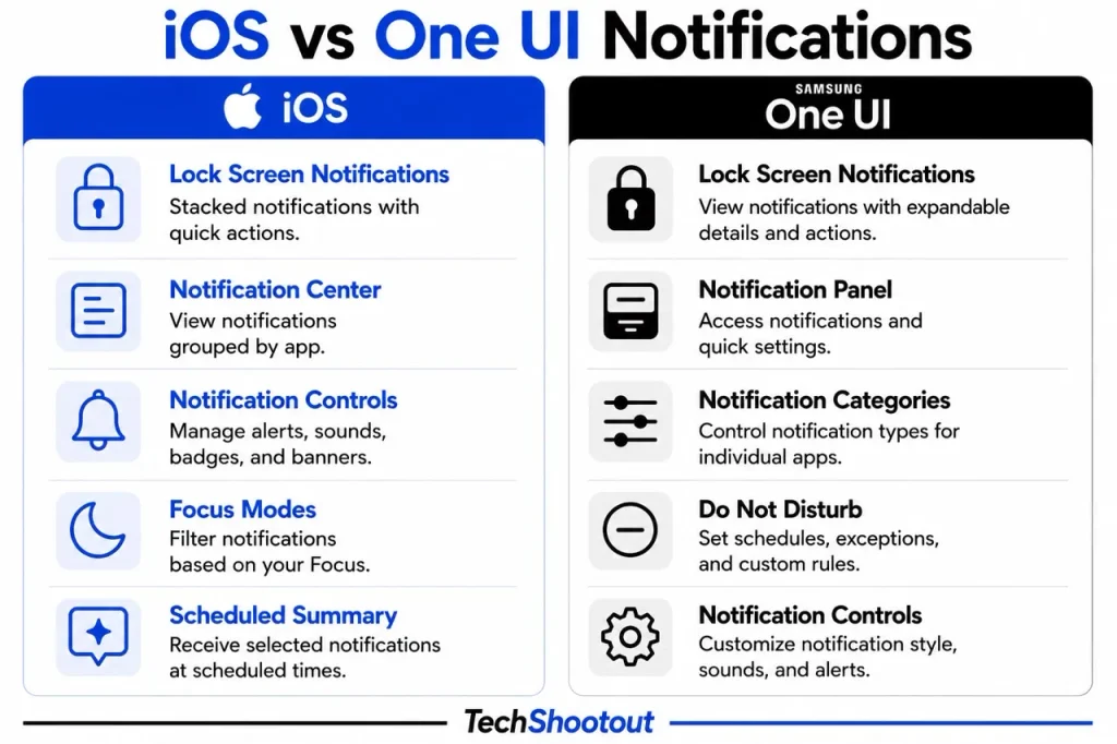 Infographic of iOS vs One UI Notifications