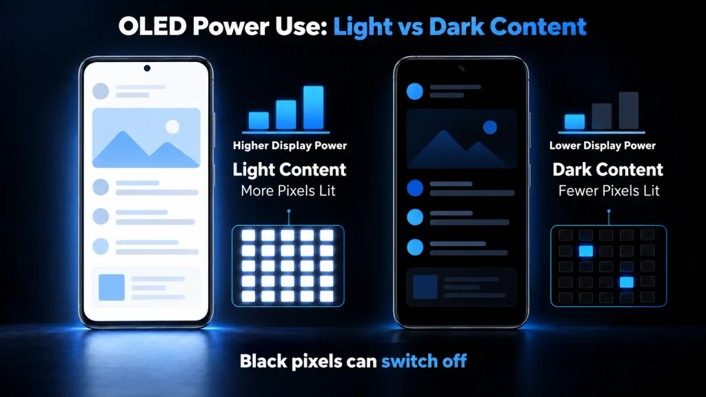 Light and dark OLED screens comparing illuminated pixels and relative display power use