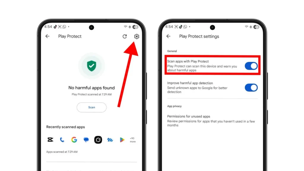 Android Privacy Settings: Google Play Protect settings to turn on Scan apps with Play Protect