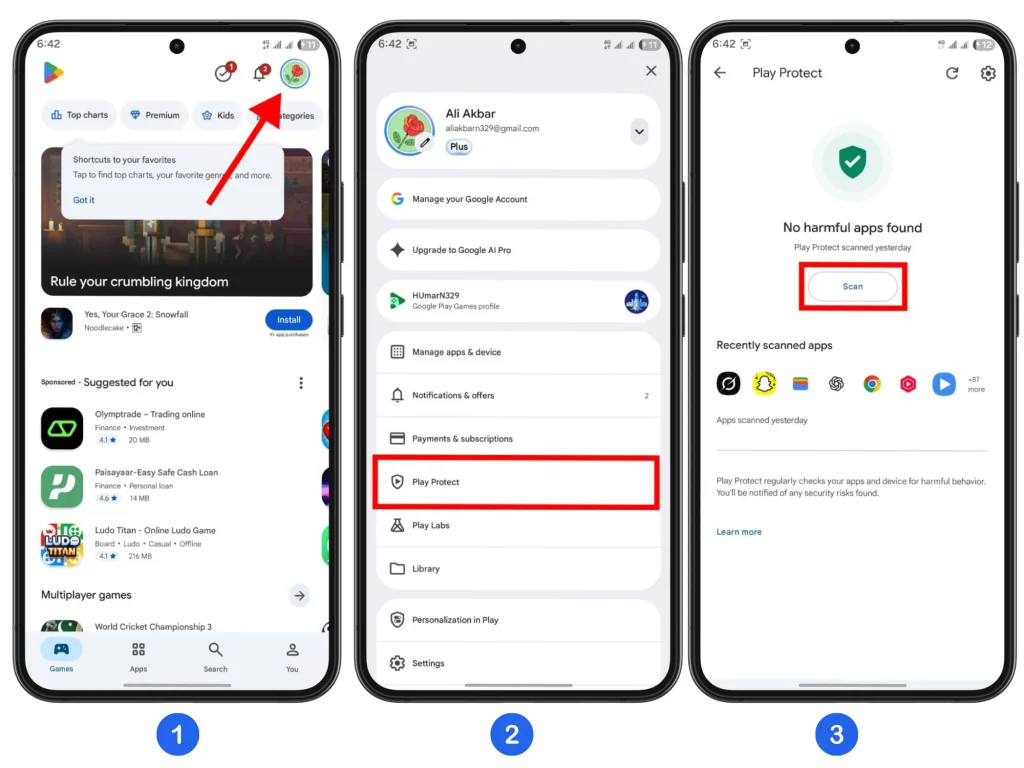 Open Google Play Store, select Play Protect, and tap Scan to check installed Android apps