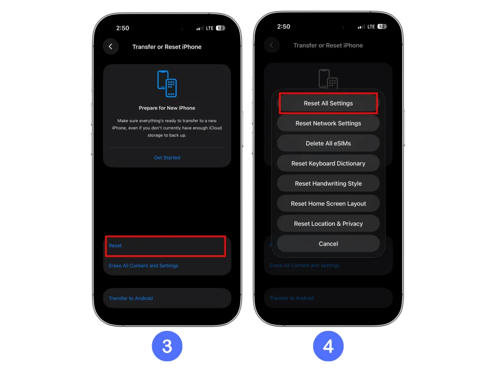 iPhone Reset menu showing the Reset All Settings option