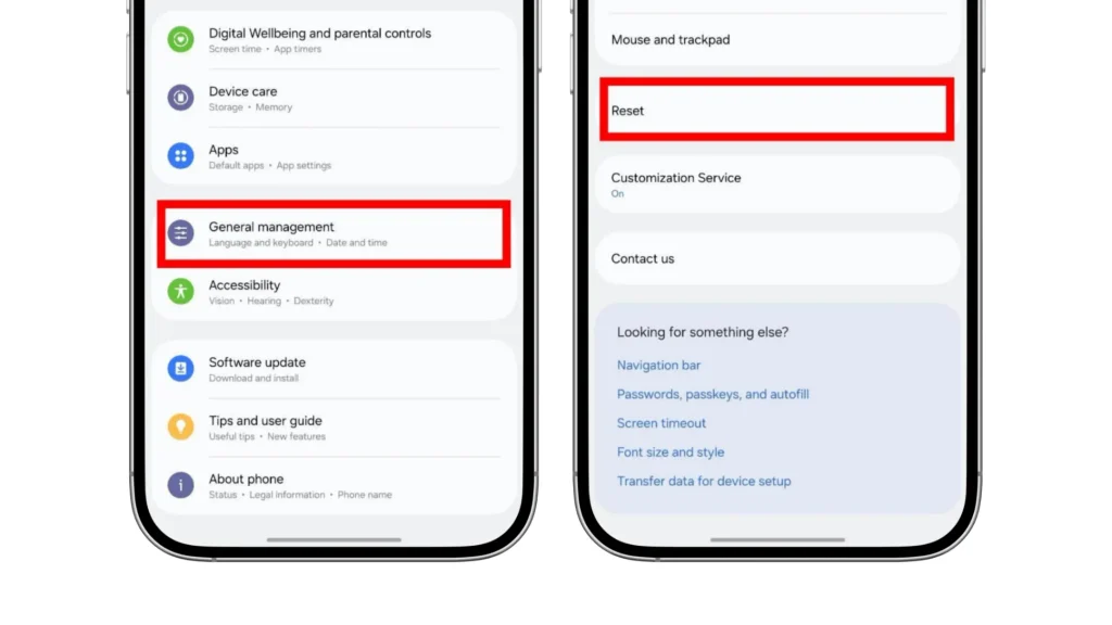 Open Samsung Settings, select General Management, and tap Reset