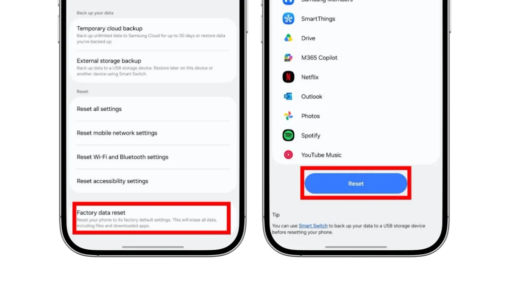 Samsung reset screens showing Factory data reset and the Reset button