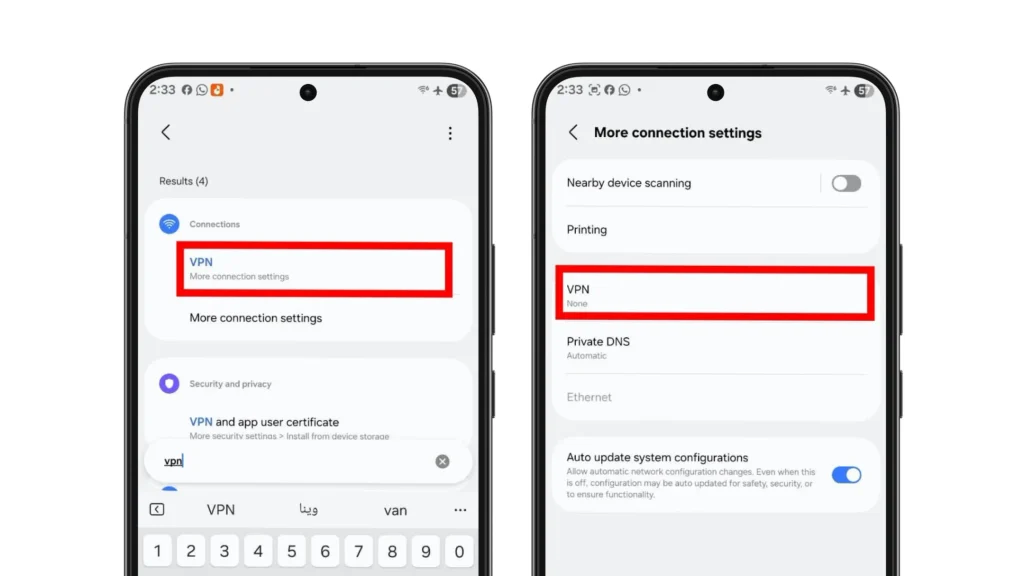 Search Android Settings for VPN and open the VPN menu to review saved connections