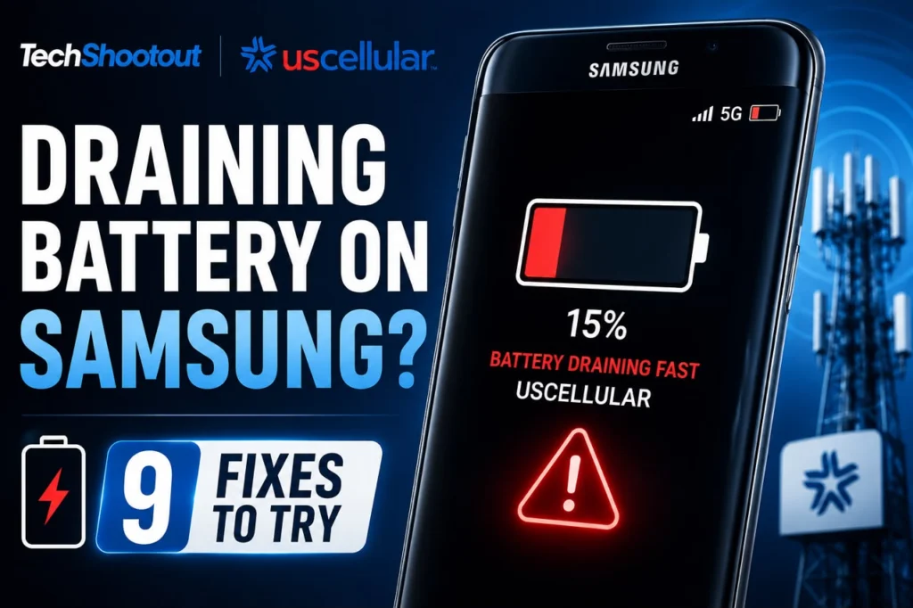 Samsung Galaxy phone showing low battery and weak cellular signal while connected to UScellular