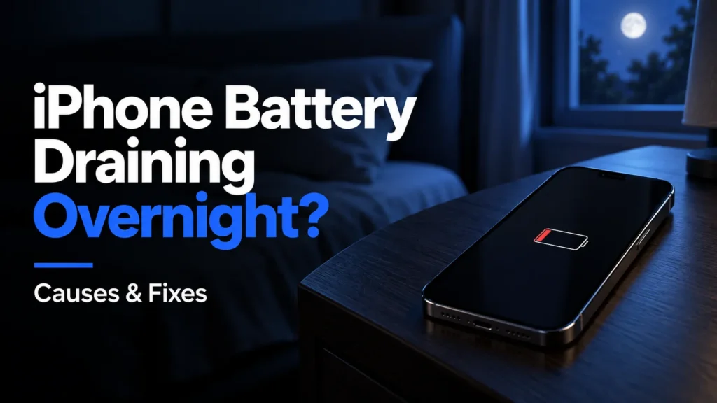 iPhone with a low-battery symbol on a bedside table at night, illustrating overnight battery drain