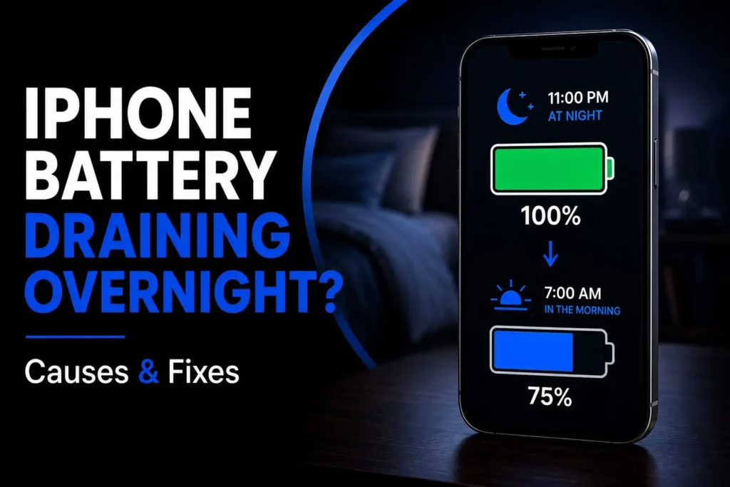iPhone battery draining overnight with a comparison showing 100% battery at night and lower battery by morning, illustrating common overnight battery drain.
