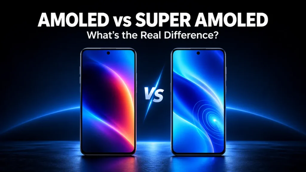 AMOLED vs Super AMOLED comparison featuring two smartphones on a blue and black background