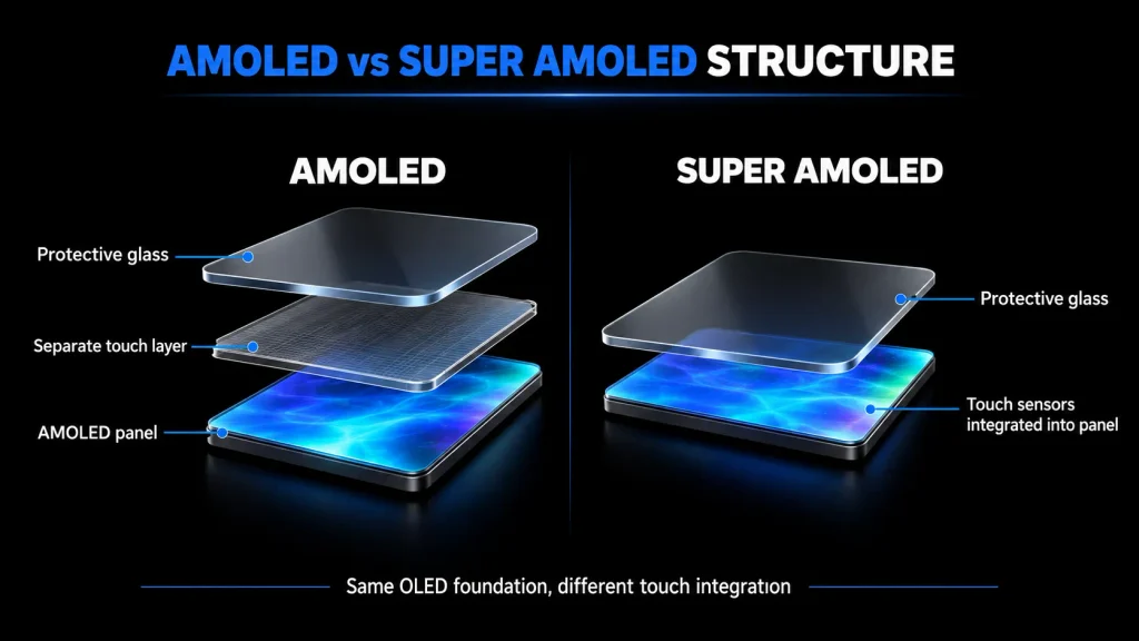 AMOLED with a separate touch layer compared with Super AMOLED featuring touch sensors integrated into the panel