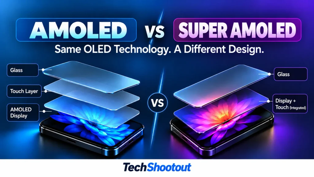 AMOLED vs Super AMOLED display construction showing separate and integrated touch layers.