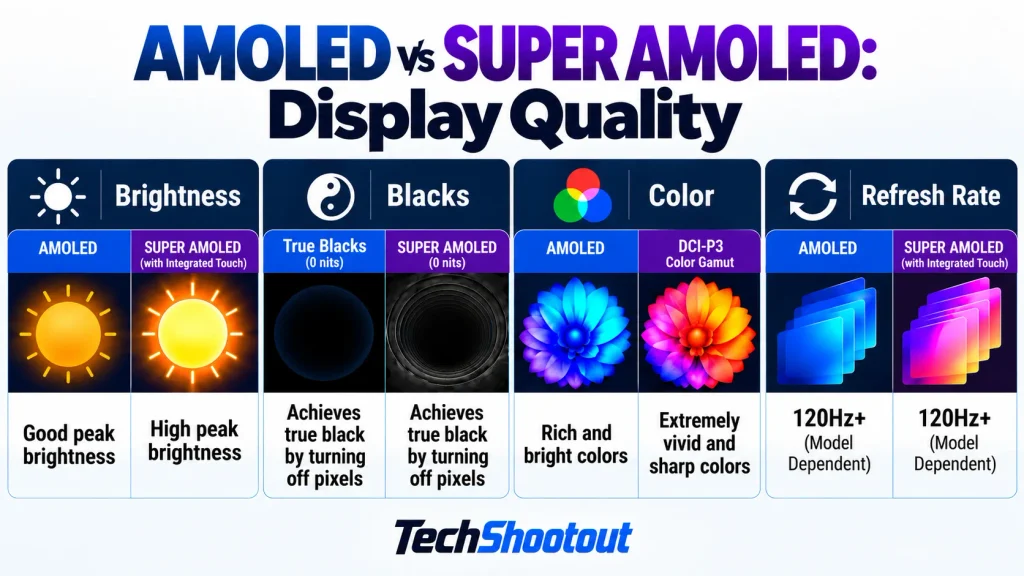 AMOLED vs Super AMOLED display quality comparison for brightness, blacks, color, and refresh rate.