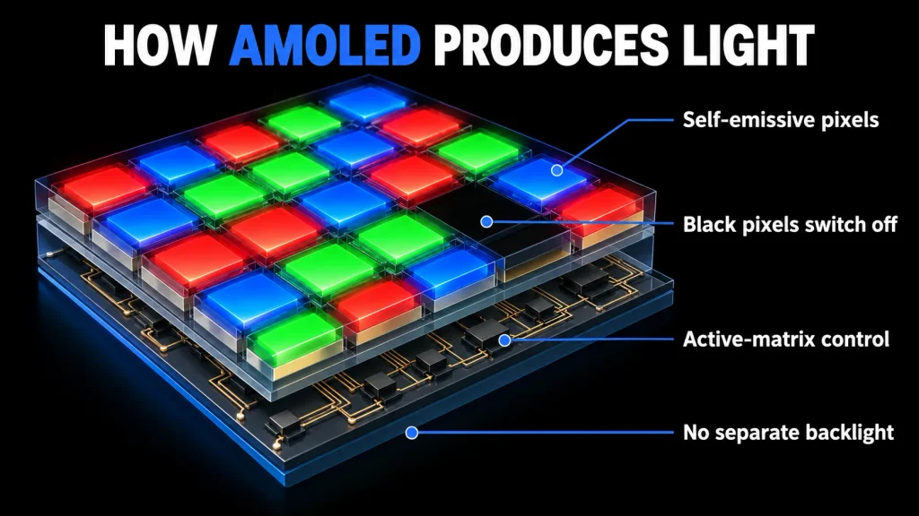 AMOLED pixel structure showing self-emissive RGB pixels, switched-off black pixels, and active-matrix control