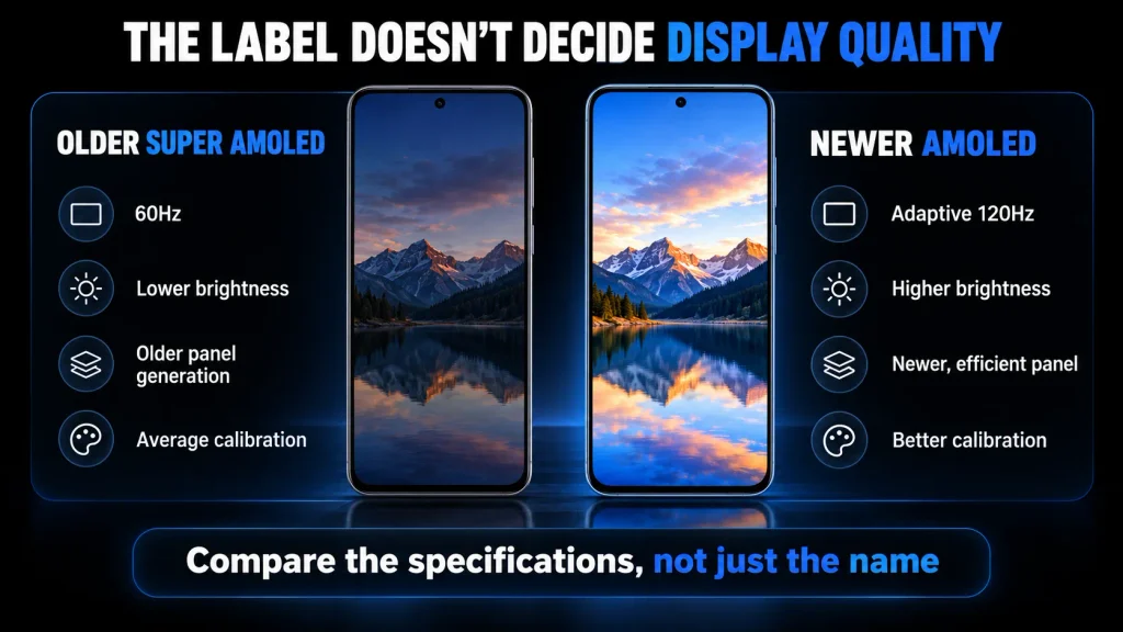 Older Super AMOLED display compared with a newer AMOLED panel offering better brightness and refresh rate