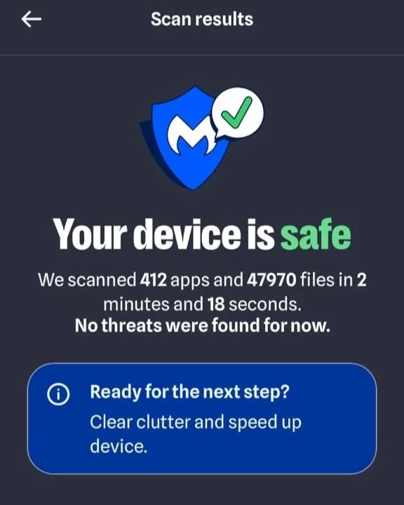 Malwarebytes scan showing 412 apps and 47,970 files scanned on Android