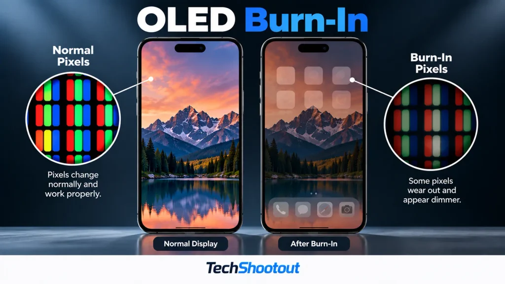 OLED burn-in comparison showing a normal display, image retention, and unevenly aged pixels