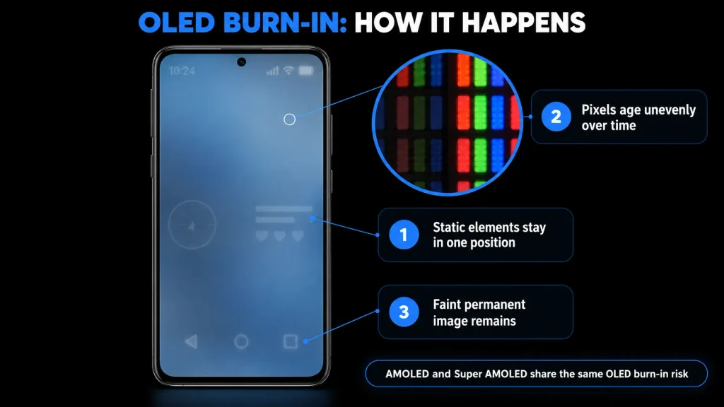 OLED burn-in diagram showing static screen elements, uneven pixel aging, and faint permanent image retention