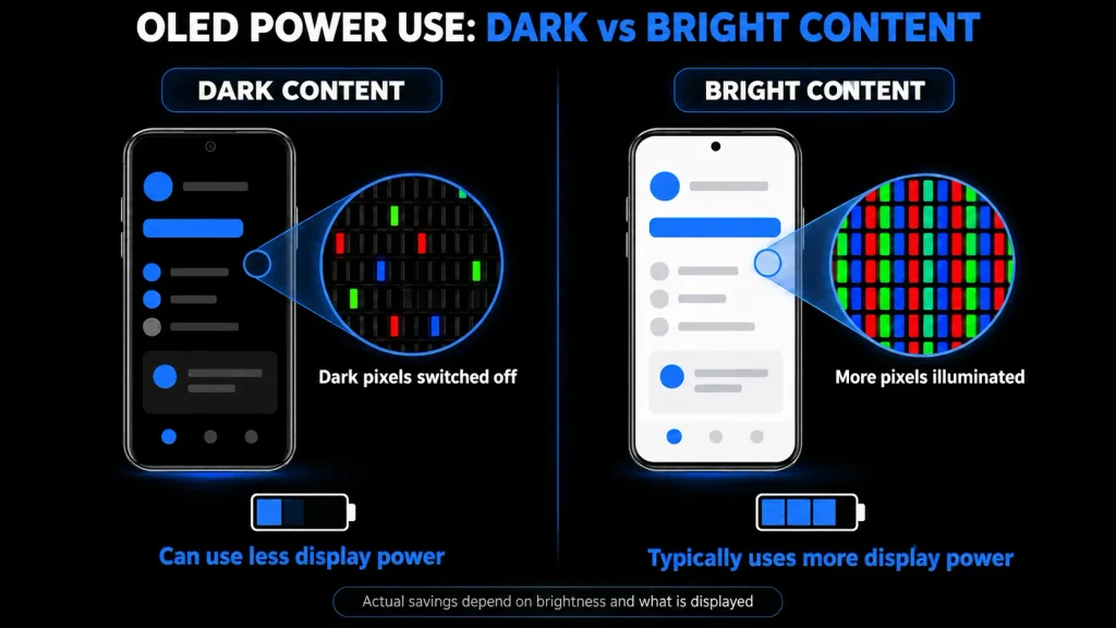 Dark OLED content with pixels switched off compared with bright content requiring more illuminated pixels