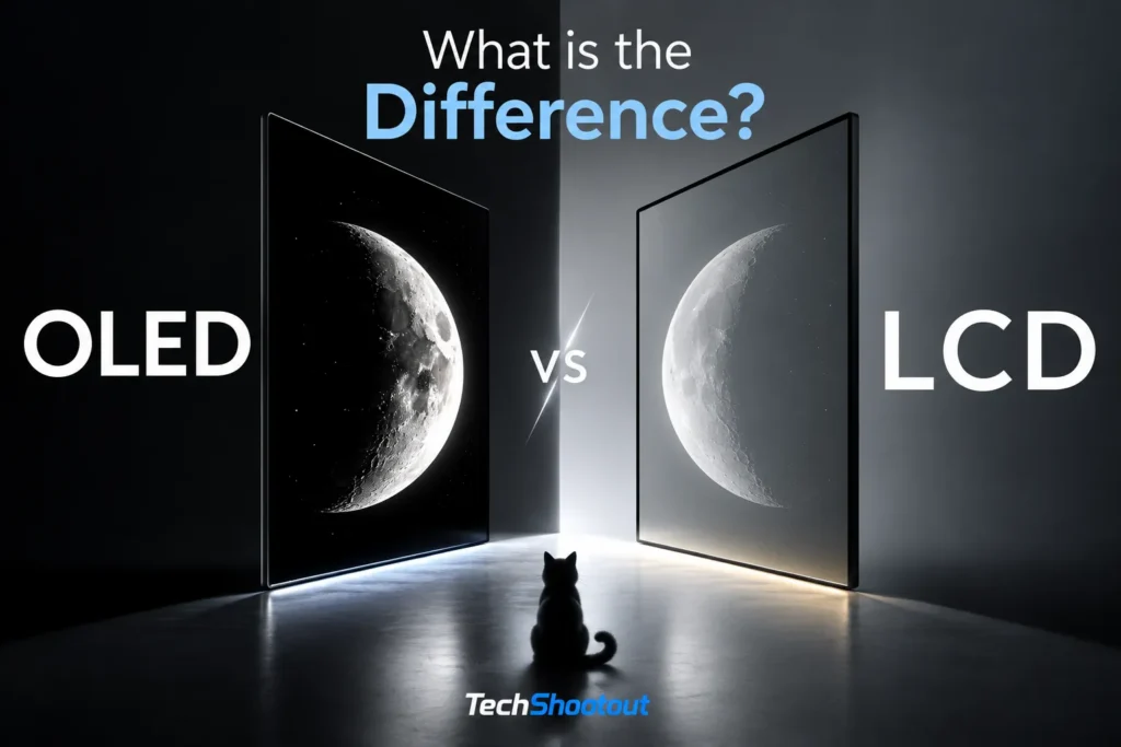OLED vs LCD display comparison showing deeper blacks on OLED and brighter backlit blacks on LCD.
