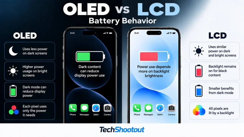 OLED vs LCD battery behavior showing how dark content can reduce power use on OLED displays
