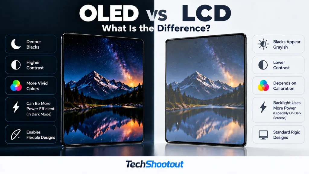 OLED vs LCD display comparison showing differences in black levels, contrast, colors, power use, and display design