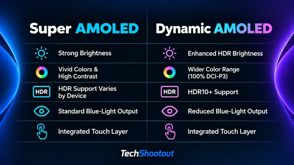 Super AMOLED vs Dynamic AMOLED infographic comparing brightness, color, HDR and blue-light output