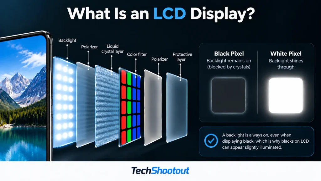 LCD display diagram showing the backlight, liquid crystal layer, color filter, and polarizers
