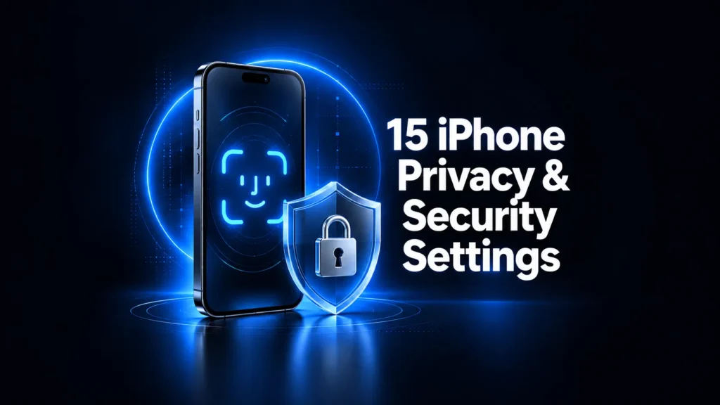 iPhone with a glowing fingerprint beside a shield and padlock, representing privacy and security settings on iPhone