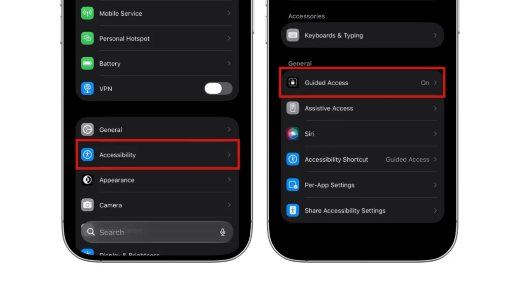 iPhone settings screens showing Accessibility and the Guided Access menu option highlighted