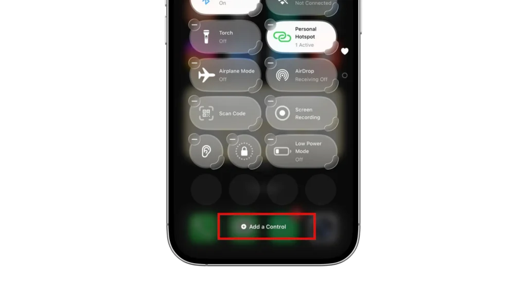 Phone Control Center in editing mode with Add a Control highlighted