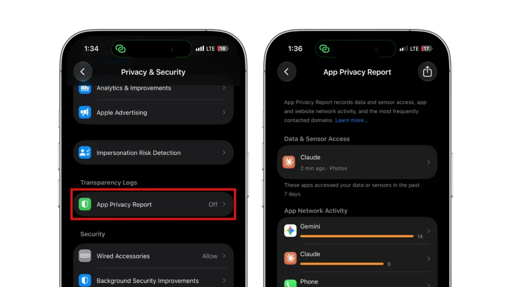 iPhone App Privacy Report showing data and sensor access alongside app network activity