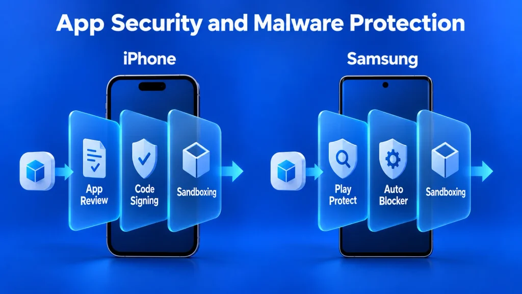 iPhone app review, code signing, and sandboxing compared with Samsung Play Protect, Auto Blocker, and sandboxing