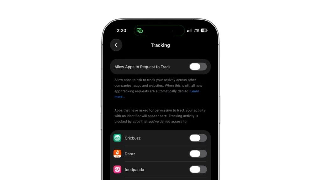iPhone Tracking settings with “Allow Apps to Request to Track” and individual app tracking permissions turned off